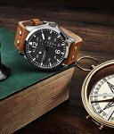 Stuhrling Original Mens Leather Watch -Aviation Watch, Quick-Set Day-Date Leather Band with Steel Rivets,