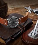 Stuhrling Original Mens Leather Watch -Aviation Watch, Quick-Set Day-Date Leather Band with Steel Rivets,