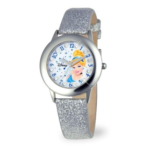 Disney Princess Watch for Girls Age 4–7 Featuring Cinderella Dial – Perfect for Fans of Glitter Moments, Royal Energy, and Sparkle Charm – Silver Bezel with Aqua Nylon Strap and Velcro Closure