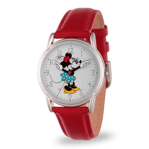 Disney Minnie Mouse Watch for Women - Stylish Minnie Mouse Watches for Women - Classic Watch 's Accessories Fans - Red Leather Strap, Silver Case, White Dial
