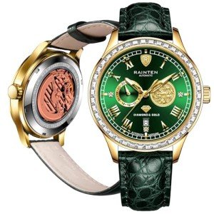 Men's Luxury Green Leather Watch with Gold Dragon