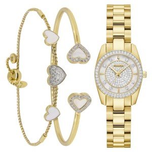 Bulova Women's Gold-Tone Crystal Bangle & Watch Set