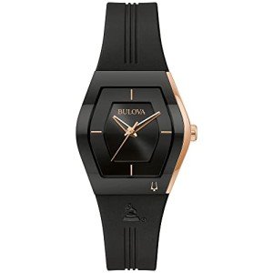 Bulova Latin Grammy Gemini Quartz Rose Gold Stainless Steel Accent with Curved Mineral Crystal and Black Silicone Strap Watch, Ladies