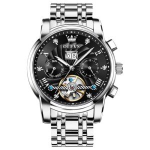 OLEVS Men's Silver & Black Skeleton Automatic Watch