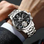 OLEVS Men's Silver & Black Skeleton Automatic Watch