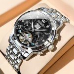 OLEVS Men's Silver & Black Skeleton Automatic Watch