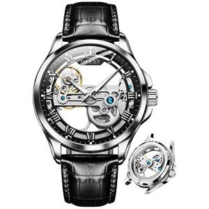 OLEVS Men's Automatic Skeleton Watch with Leather Band