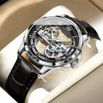 OLEVS Men's Automatic Skeleton Watch with Leather Band