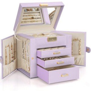 Purple Leather Jewelry Box with Mirror and Drawers