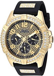GUESS Gold-Tone Black Silicone Crystal Watch