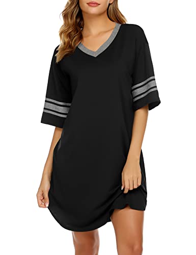 Ekouaer Women's V-Neck Cotton Sleepshirt, Loose Fit, Large