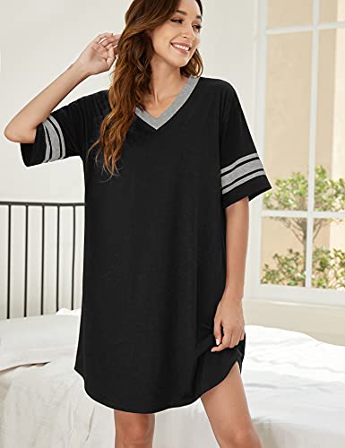 Ekouaer Women's V-Neck Cotton Sleepshirt, Loose Fit, Large