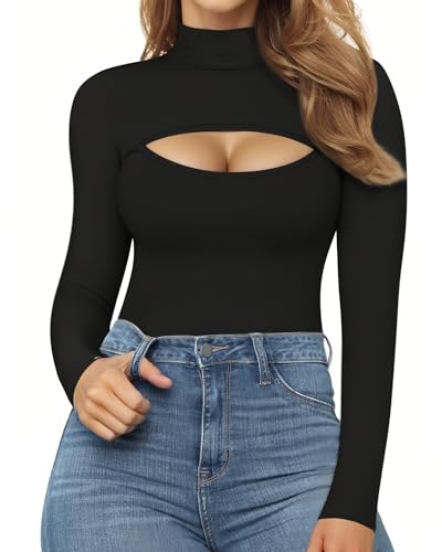 Black Cutout Front Long Sleeve Bodysuit by MANGOPOP