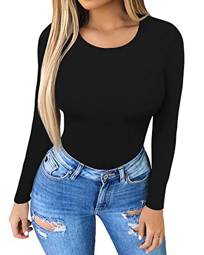 MANGOPOP Women's Long Sleeve Black Bodysuit, Medium