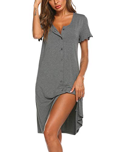 Ekouaer Grey Nightshirt: Short Sleeve Button Down Sleepwear