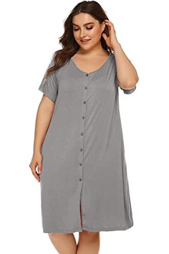 Ekouaer Grey Nightshirt: Short Sleeve Button Down Sleepwear