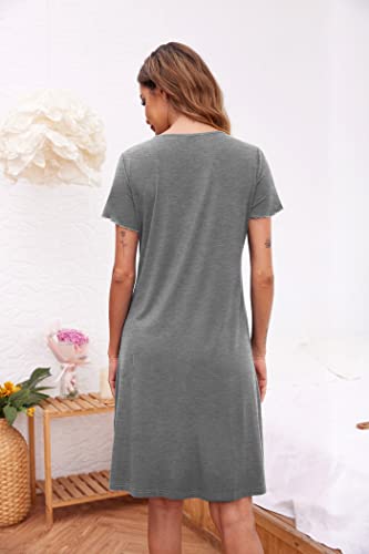 Ekouaer Grey Nightshirt: Short Sleeve Button Down Sleepwear