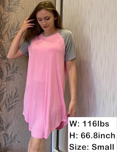 Pink Cotton Nightshirt Sleepwear, O Neck, Short Sleeve