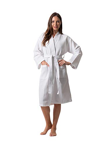 White Turkish Linen Waffle Knit Kimono Robe - Large