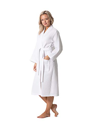 White Turkish Linen Waffle Knit Kimono Robe - Large