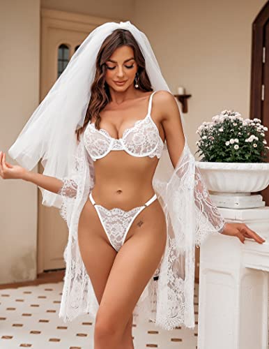 White Lace Floral Bra Panty Set with Underwire