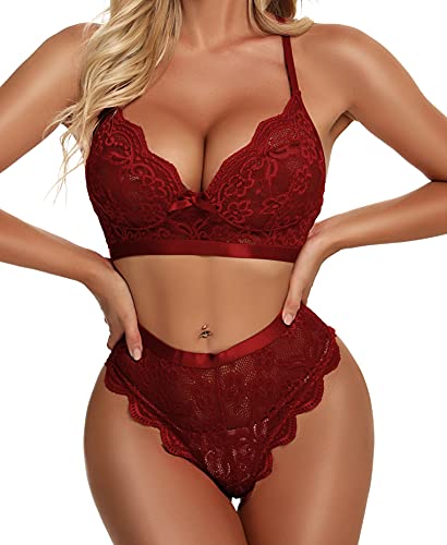 KYLELOVE Valentine Lace Bra & Panty Set, Wine Red