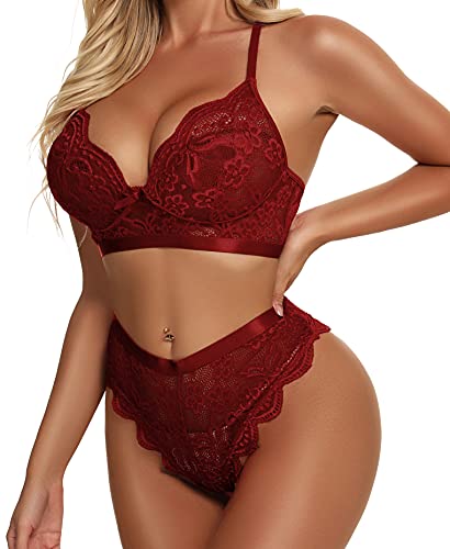 KYLELOVE Valentine Lace Bra & Panty Set, Wine Red
