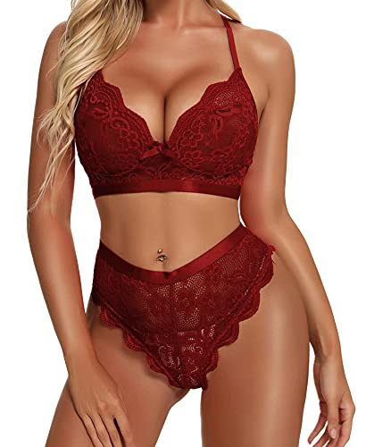 KYLELOVE Valentine Lace Bra & Panty Set, Wine Red