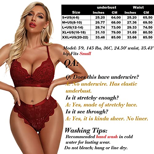 KYLELOVE Valentine Lace Bra & Panty Set, Wine Red