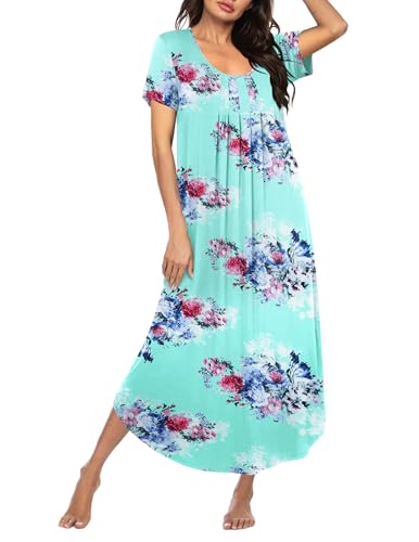 Blue Floral Short Sleeve Nightgown Oversized Lounge Dress