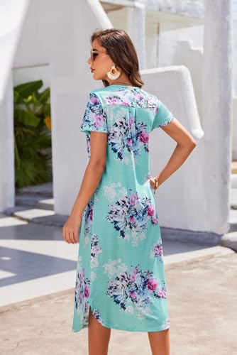 Blue Floral Short Sleeve Nightgown Oversized Lounge Dress