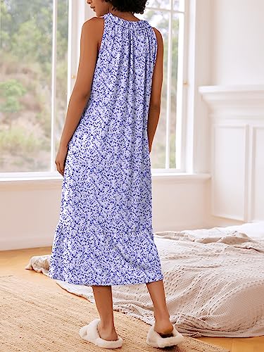 Purple Floral Sleeveless Nightgown with Pockets, Long Ladies