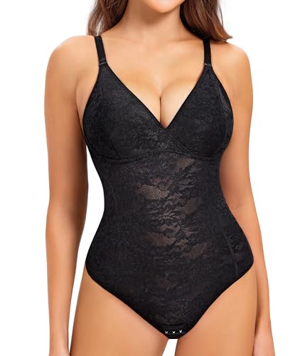 Nebility Tummy Control Lace Bodysuit V Neck