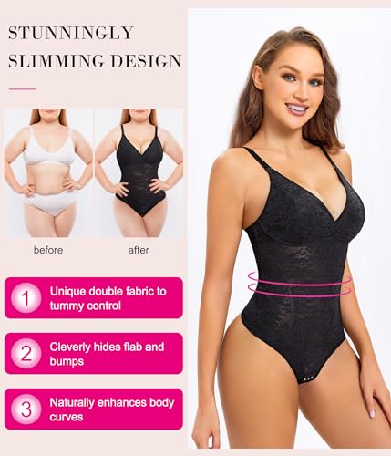 Nebility Tummy Control Lace Bodysuit V Neck