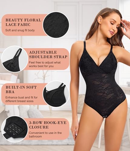 Nebility Tummy Control Lace Bodysuit V Neck