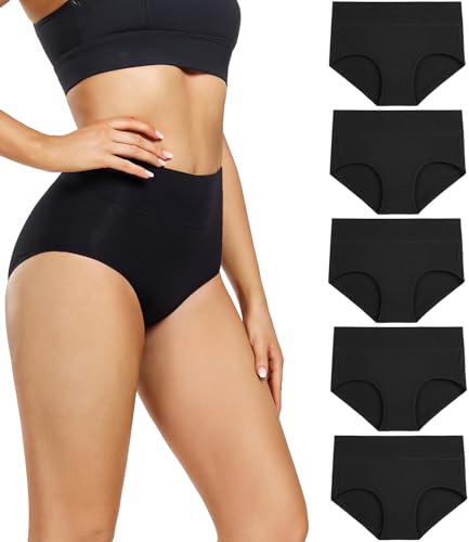 Wirarpa Ladies High Waist Cotton Briefs 5 Pack, Black, Large