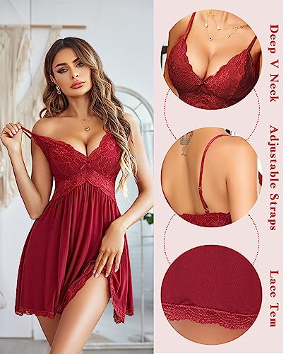 Avidlove Lace Modal Babydoll Nightgown in Dark Red