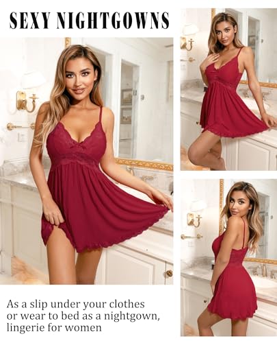 Avidlove Lace Modal Babydoll Nightgown in Dark Red