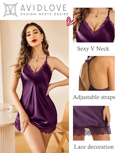 Satin Lace Chemise Nightgown, Dark Purple, Large