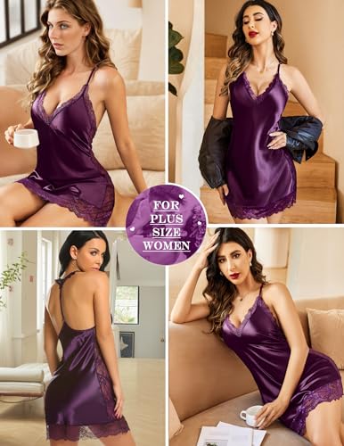 Satin Lace Chemise Nightgown, Dark Purple, Large
