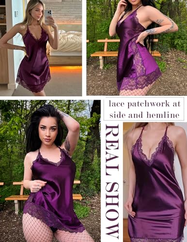 Satin Lace Chemise Nightgown, Dark Purple, Large
