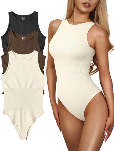 OQQ Ribbed Halter Neck Bodysuits - Black Coffee Beige