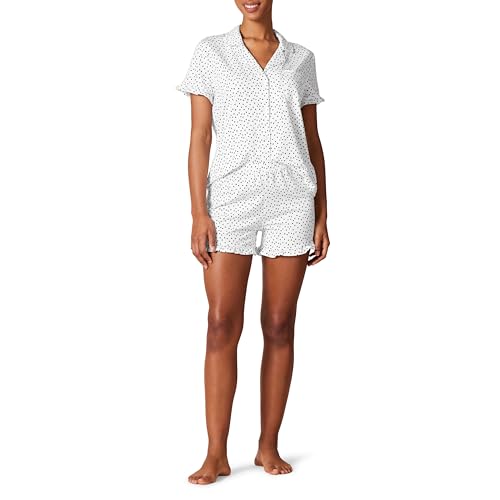 White Dots Piped Notch Collar Pajama Set, Plus Size