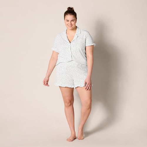 White Dots Piped Notch Collar Pajama Set, Plus Size