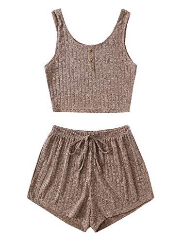 SOLY HUX Women's Ribbed Knit Pajama Set Mocha Brown