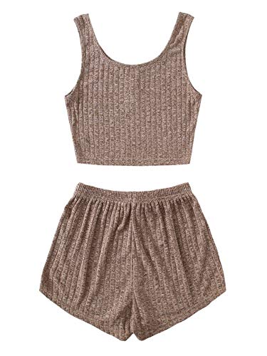 SOLY HUX Women's Ribbed Knit Pajama Set Mocha Brown