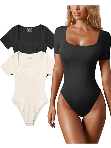 OQQ Ribbed Square Neck Bodysuit Set Black Beige