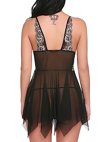 Avidlove Lace Babydoll V Neck Nightgown Set in Black