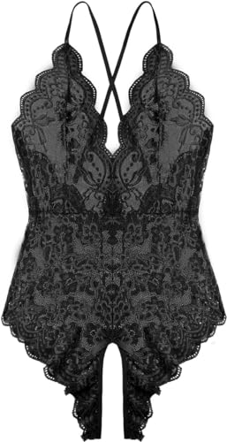 Black V Neck Lace Teddy Bodysuit Nightie