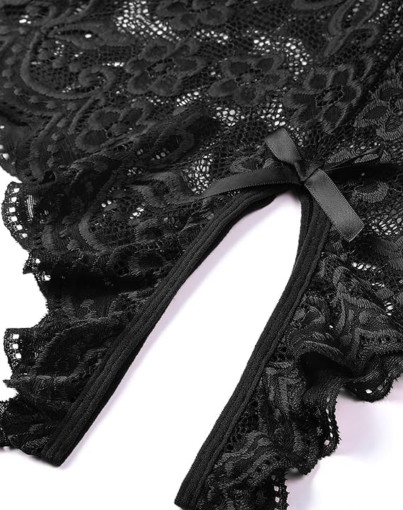 Black V Neck Lace Teddy Bodysuit Nightie